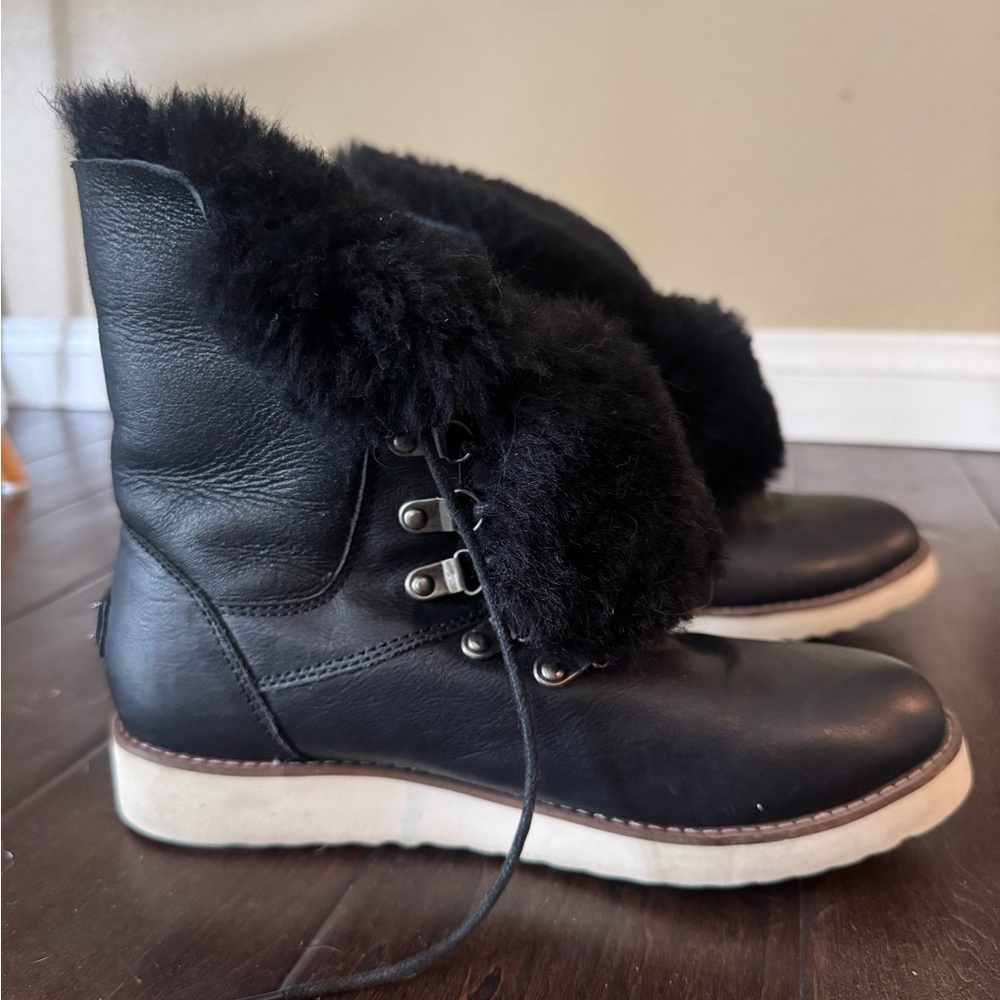 Australia Luxe Collective Yael Shearling Fur Black Leather Boots Size 6